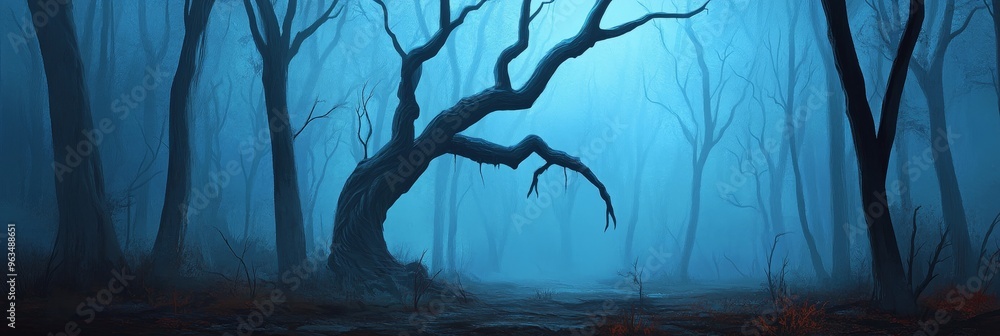 Naklejka premium A solitary, twisted tree stands tall in a misty forest, its branches reaching out like skeletal fingers. The blue-toned fog adds an air of mystery and unease, creating a sense of isolation and the unk