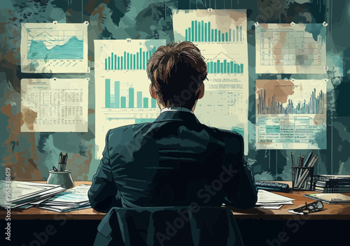 Manager Analyzing Business Charts at Desk, Business Analysis Concept, Office Setting, Strategic Planning for Growth, Data Visualization, Corporate Strategy, Professional Business Environment, Daytime