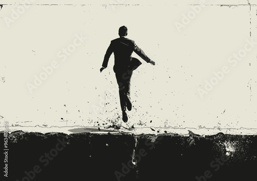Businessman breaking barriers, minimalistic vector illustration of man in suit jumping through wall, concept of overcoming obstacles, determination, success, and resilience in work environment