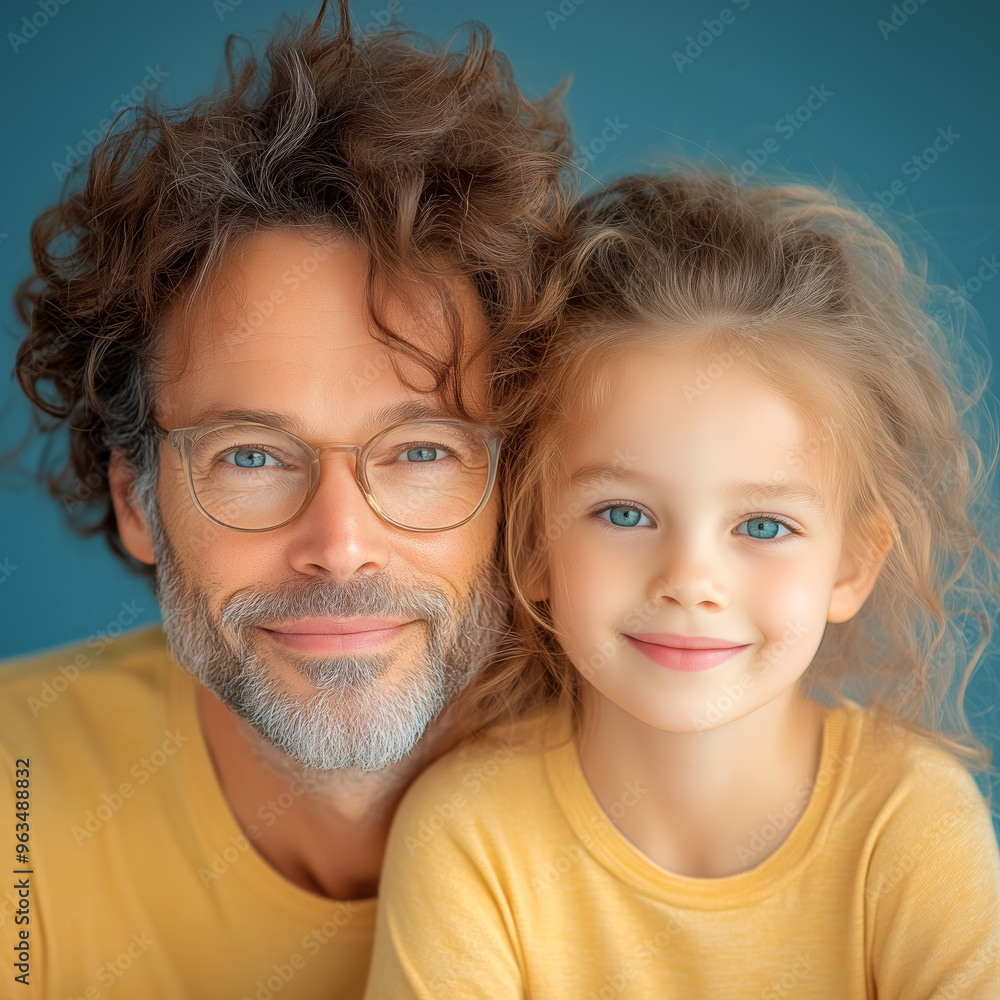Father and daughter smile in bright yellow shirts Father and daughter smile in bright yellow shirts