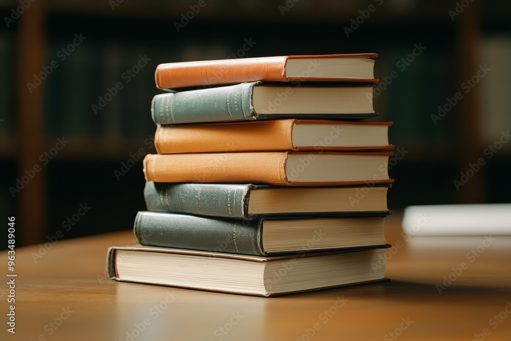 A stack of books on a wooden desk, suggesting knowledge, education, and the pursuit of learning. The books are arranged in a neat pile, symbolizing organization, structure, and a sense of progress. T A stack of books on a wooden desk, suggesting knowledge, education, and the pursuit of learning. The books are arranged in a neat pile, symbolizing organization, structure, and a sense of progress. T