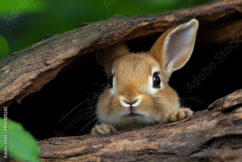 Rabbit hiding under a fallen log, seeking refuge from the midday heat in the cool shade of the forest floor photo