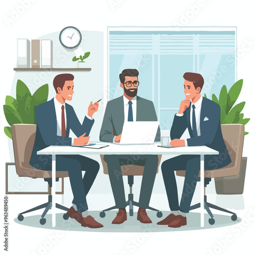 Partners meeting for business discussion with documents and laptop on desk. Couple at round table, speaking, discussing work, partnership. Flat vector illustration isolated on white background