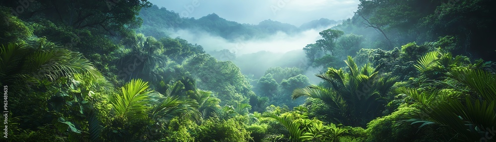 Scenic view of lush green rainforest with misty mountains in the background, showcasing nature's beauty and tranquility. Scenic view of lush green rainforest with misty mountains in the background, showcasing nature's beauty and tranquility.