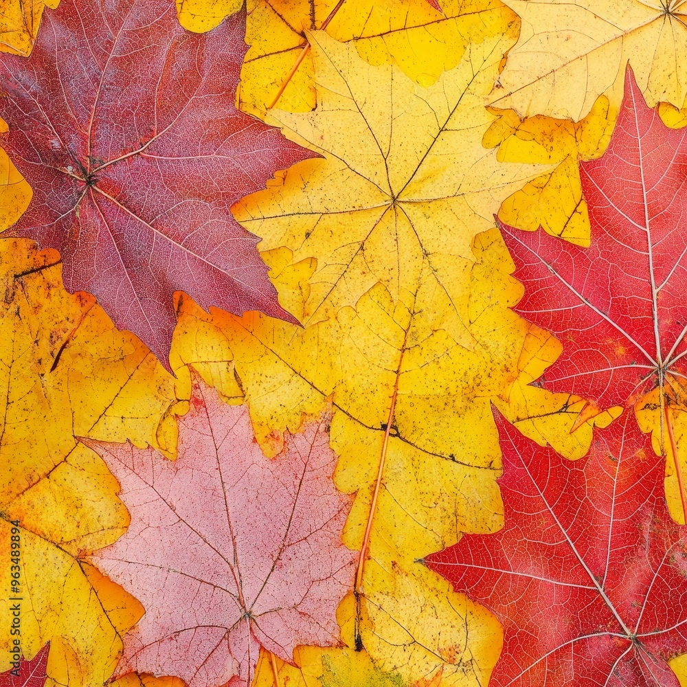 Fototapeta premium A stunning close-up of autumn maple leaves showcasing the vibrant colors of nature. The image captures the intricate details of the leaves, with red, yellow, and pink hues. This photo represents beaut