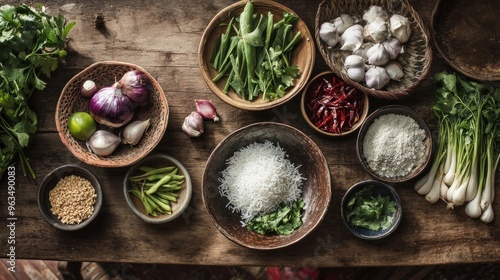 Assorted Fresh Ingredients for a Savory Dish in Rustic Bowls photo