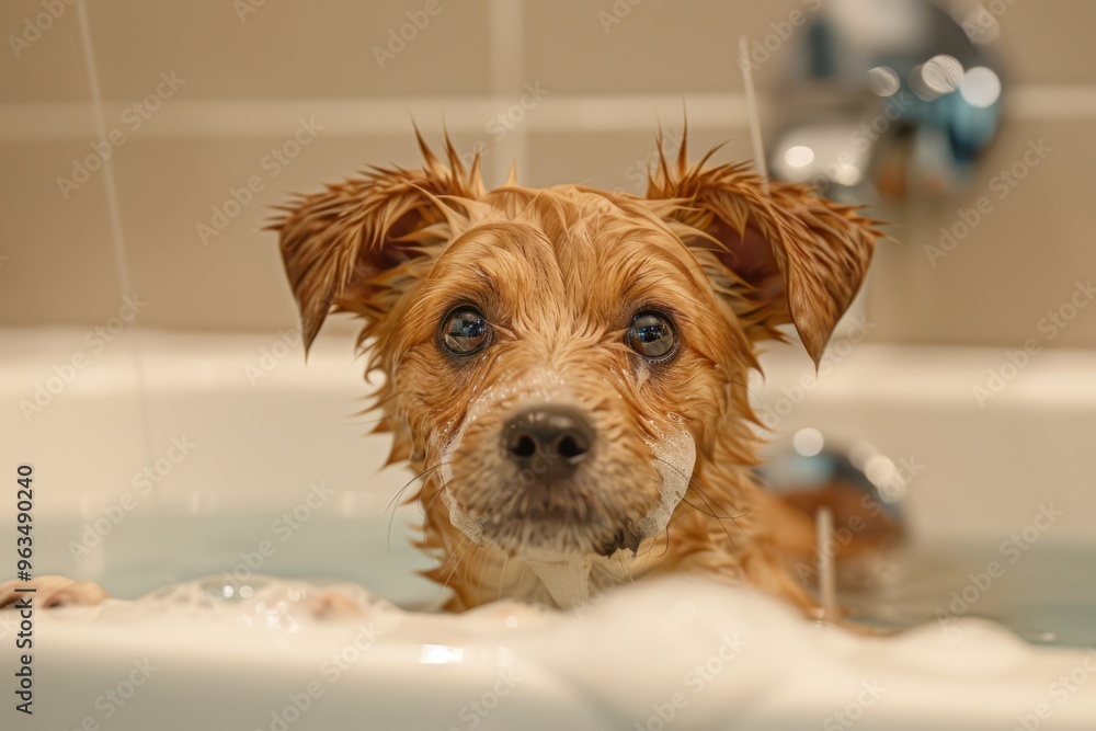 Brown dog relaxing and enjoying bath time Brown dog relaxing and enjoying bath time