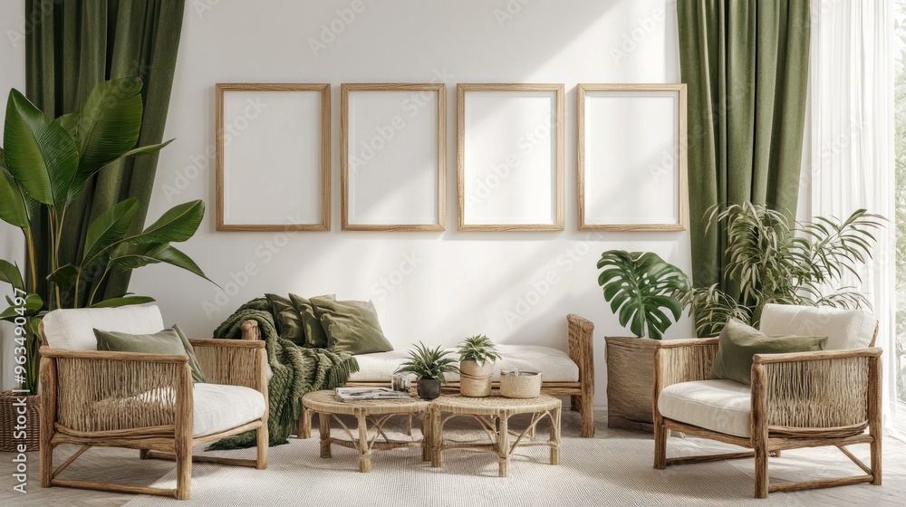 Fototapeta premium Bohemian Living Room with Rattan Furniture