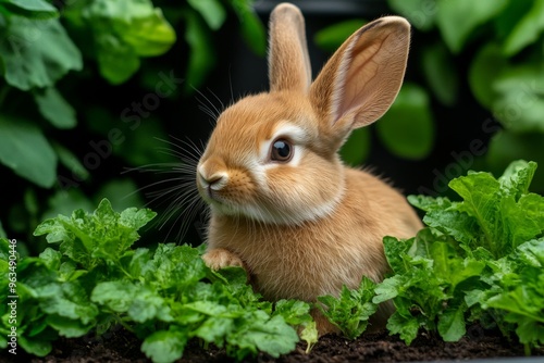 Rabbit standing at the edge of a garden, tempted by fresh vegetables as it considers sneaking a quick snack from the rows of plants photo