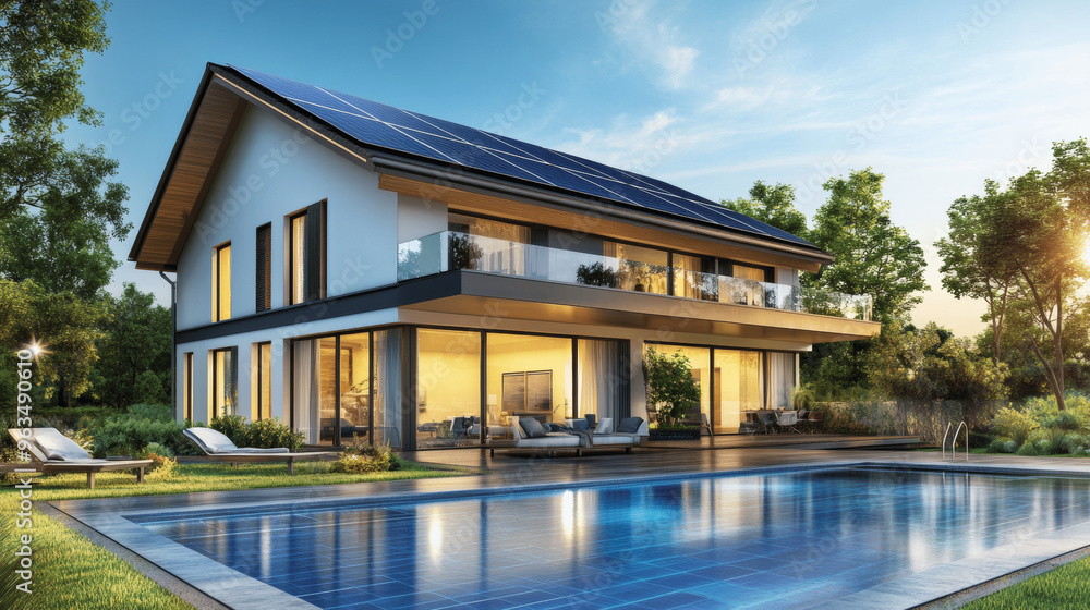 Luxury Modern House Exterior with Solar Panels, Terrace, and Swimming Pool Luxury Modern House Exterior with Solar Panels, Terrace, and Swimming Pool