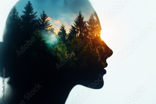 A surreal portrait of a woman's silhouette with a vibrant forest landscape merging within her head, symbolizing connection to nature, inner peace, imagination, growth, and unity with the environment.