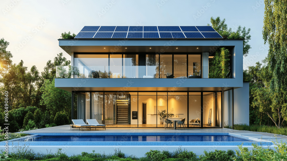 Fototapeta premium Luxury Modern House Exterior with Solar Panels, Terrace, and Swimming Pool