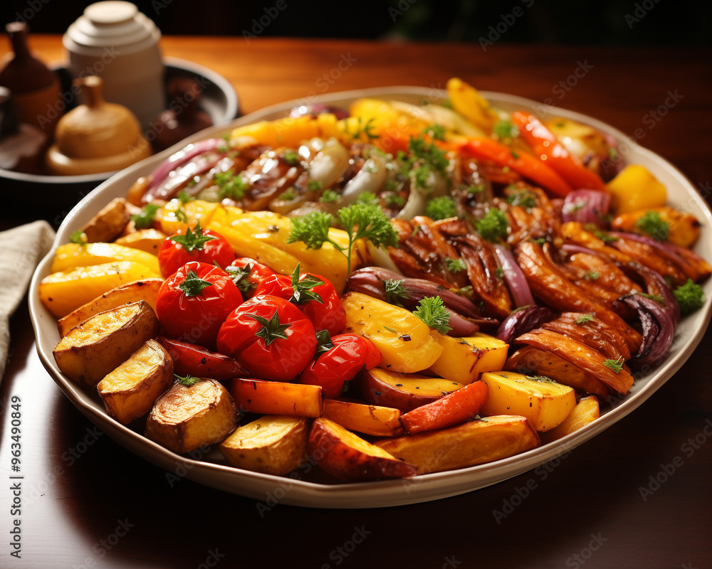 Vibrant roasted vegetable medley on white platter for healthy Mediterranean feast Vibrant roasted vegetable medley on white platter for healthy Mediterranean feast