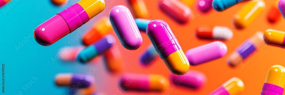 A vibrant and abstract image featuring colorful capsules and pills floating in mid-air, against a backdrop of contrasting blue and orange tones. The image symbolizes the concept of medicine, health, A vibrant and abstract image featuring colorful capsules and pills floating in mid-air, against a backdrop of contrasting blue and orange tones. The image symbolizes the concept of medicine, health,
