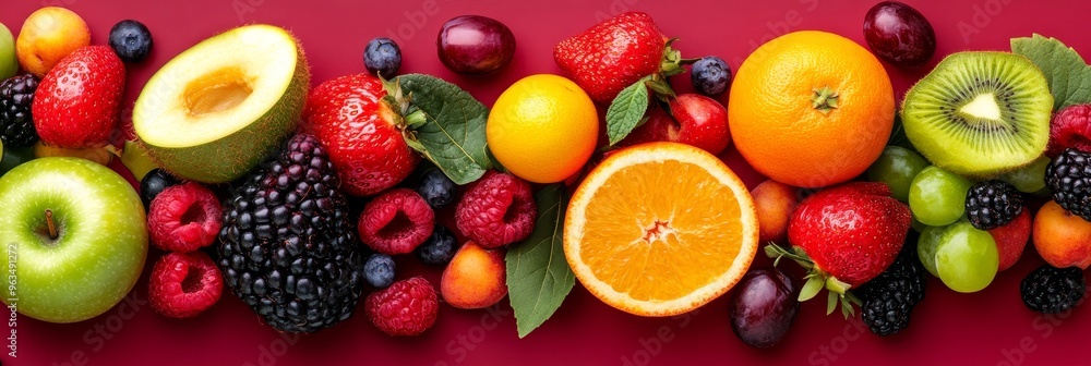 A vibrant and colorful display of fresh fruits and berries, including apples, oranges, kiwi, strawberries, raspberries, blueberries, and blackberries. This image symbolizes health, vitality, and the a A vibrant and colorful display of fresh fruits and berries, including apples, oranges, kiwi, strawberries, raspberries, blueberries, and blackberries. This image symbolizes health, vitality, and the a