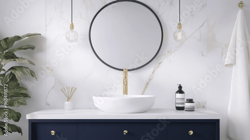Modern Bathroom with White Vessel Sink on Dark Blue Vanity and Round Mirror