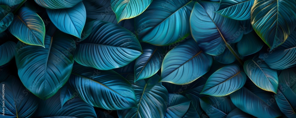 Tropical leaves pattern exhibiting vibrant green and blue colors Tropical leaves pattern exhibiting vibrant green and blue colors