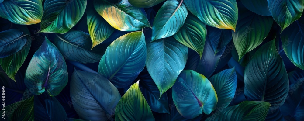 Tropical blue and green leaves overlapping creating textured background Tropical blue and green leaves overlapping creating textured background
