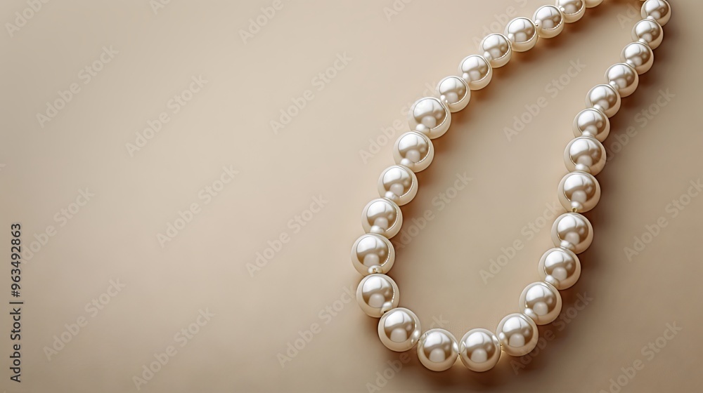 Text space elegant pearl necklace on beige background top view Text space elegant pearl necklace on beige background top view