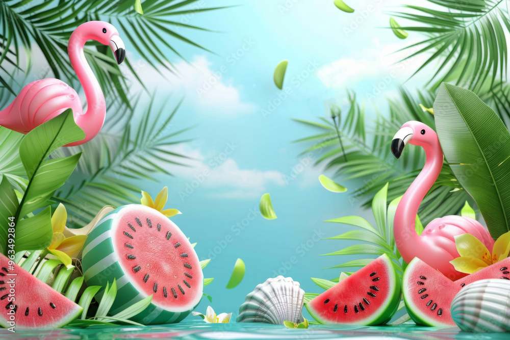 Ripe watermelons and pink flamingos creating refreshing summer atmosphere Ripe watermelons and pink flamingos creating refreshing summer atmosphere