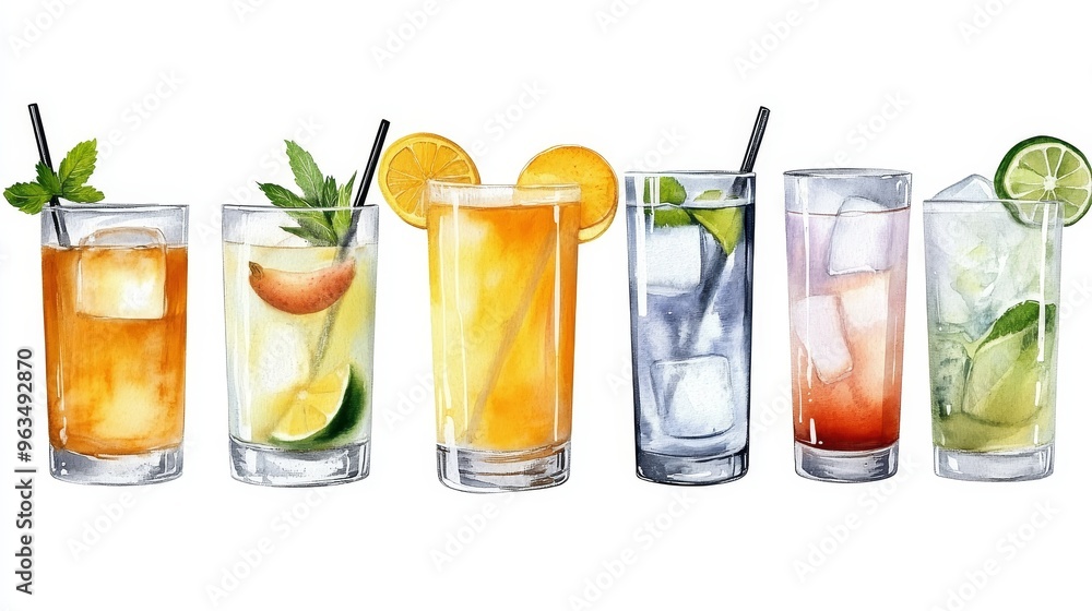 A watercolor illustration of seven different summer drinks and cocktails, perfect for showcasing a variety of beverage options. The illustration includes iced tea, lemonade, orange juice, gin and toni A watercolor illustration of seven different summer drinks and cocktails, perfect for showcasing a variety of beverage options. The illustration includes iced tea, lemonade, orange juice, gin and toni