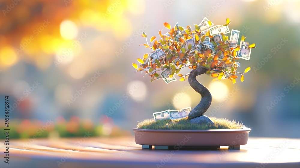Bonsai Money Tree with Dollar Bills on Branches in a Sunny Outdoor Setting. Bonsai Money Tree with Dollar Bills on Branches in a Sunny Outdoor Setting.