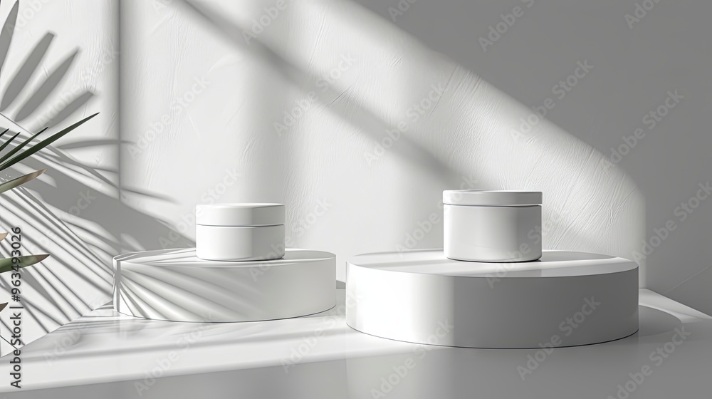Simplistic mockup of two white pedestals for cosmetic products on a white background Simplistic mockup of two white pedestals for cosmetic products on a white background