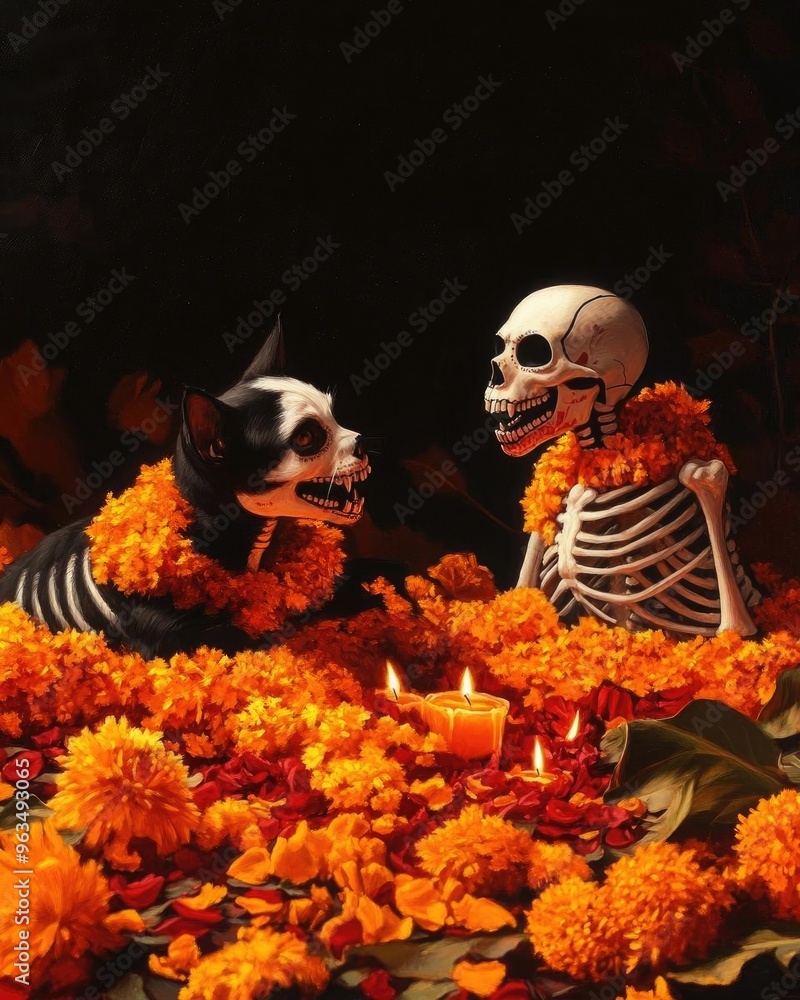 A playful scene featuring a skeleton and a dog surrounded by vibrant marigold flowers, perfect for Halloween or Day of the Dead themes. A playful scene featuring a skeleton and a dog surrounded by vibrant marigold flowers, perfect for Halloween or Day of the Dead themes.