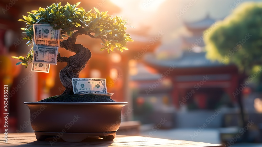 Bonsai Money Tree with Dollar Bills on Branches in a Sunny Outdoor Setting. Bonsai Money Tree with Dollar Bills on Branches in a Sunny Outdoor Setting.