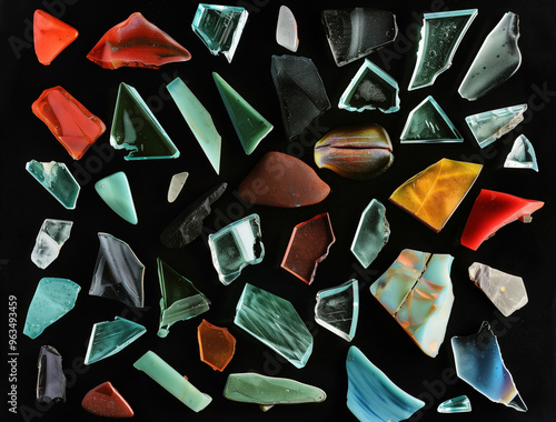 Assorted Glass Fragments on Black Background photo