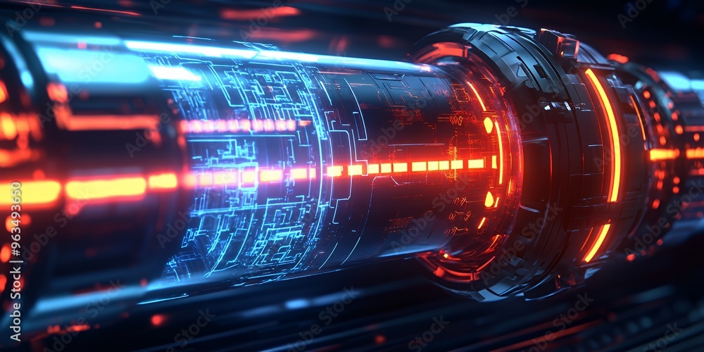Futuristic glowing blue and red circuit board inside a metallic tube. Futuristic glowing blue and red circuit board inside a metallic tube.