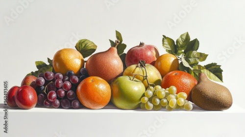 Still Life with Fruit and Leaves on a White Tabletop