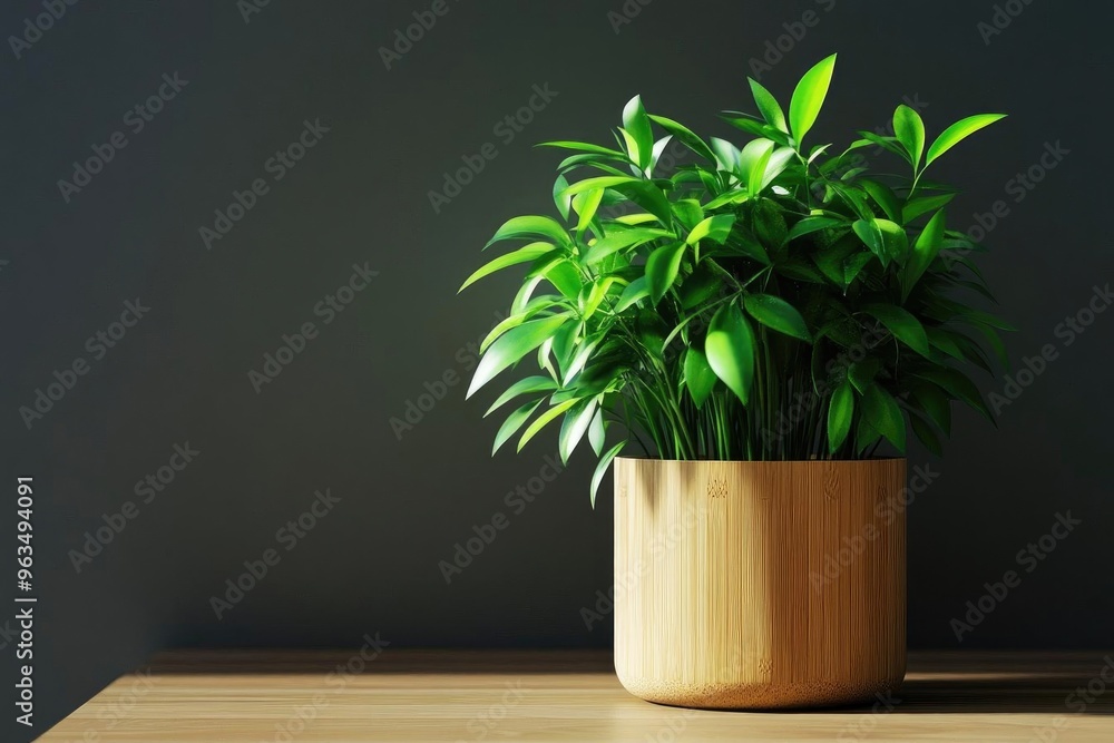 custom made wallpaper toronto digitalA vibrant green plant in a wooden pot, beautifully arranged on a minimalist table against a dark background.