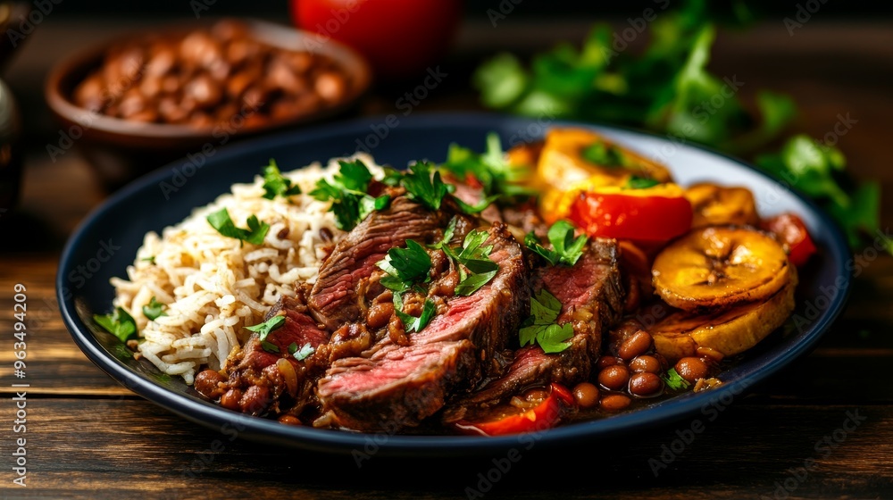 Ropa Vieja, a beloved Cuban dish, features tender flank steak shredded and simmered in a flavorful tomato sauce, served with rice, beans, and plantains. This dish is a celebration of Cuban cuisine, of Ropa Vieja, a beloved Cuban dish, features tender flank steak shredded and simmered in a flavorful tomato sauce, served with rice, beans, and plantains. This dish is a celebration of Cuban cuisine, of