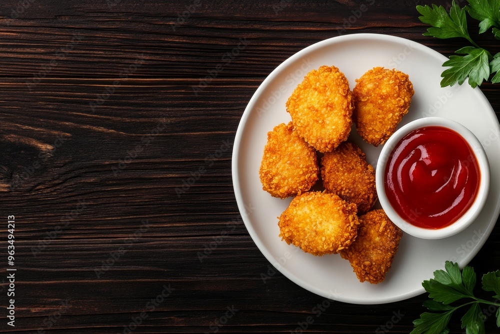 Close-up overhead shot of crispy chicken nuggets arranged on a white plate with a small bowl of ketchup, symbolizing a classic comfort food, a delicious snack, a quick and easy meal, a popular appetiz Close-up overhead shot of crispy chicken nuggets arranged on a white plate with a small bowl of ketchup, symbolizing a classic comfort food, a delicious snack, a quick and easy meal, a popular appetiz