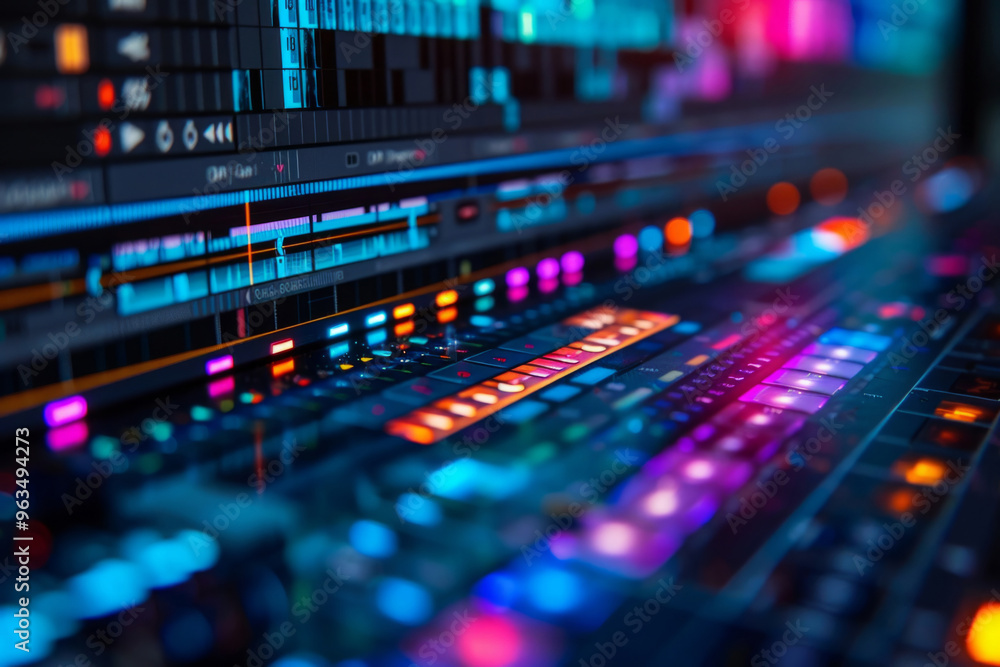 Audio mixing console in a recording studio with colorful lights reflecting on the buttons and faders Audio mixing console in a recording studio with colorful lights reflecting on the buttons and faders