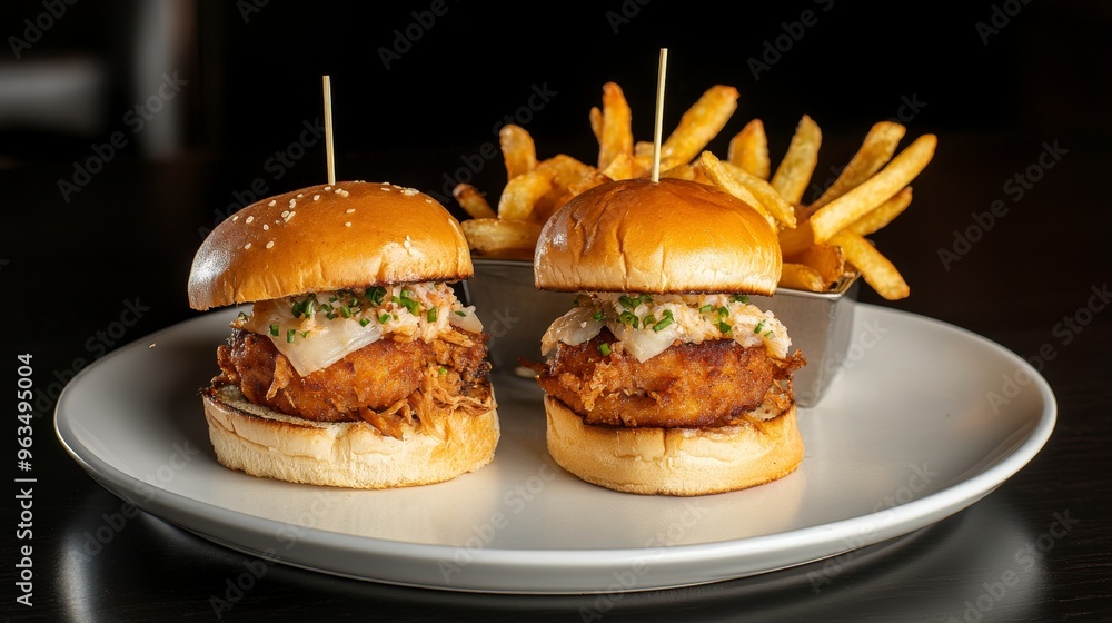 Two gourmet sliders featuring crispy crab and pulled pork, topped with melted cheddar and a creamy sauce. Served with a side of golden fries. Perfect for a special occasion or a satisfying meal. Two gourmet sliders featuring crispy crab and pulled pork, topped with melted cheddar and a creamy sauce. Served with a side of golden fries. Perfect for a special occasion or a satisfying meal.
