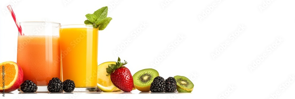 Two glasses of fresh juice with a variety of fruits, including oranges, strawberries, kiwi, and blackberries, symbolizing a healthy lifestyle, summer refreshment, natural ingredients, delicious taste, Two glasses of fresh juice with a variety of fruits, including oranges, strawberries, kiwi, and blackberries, symbolizing a healthy lifestyle, summer refreshment, natural ingredients, delicious taste,