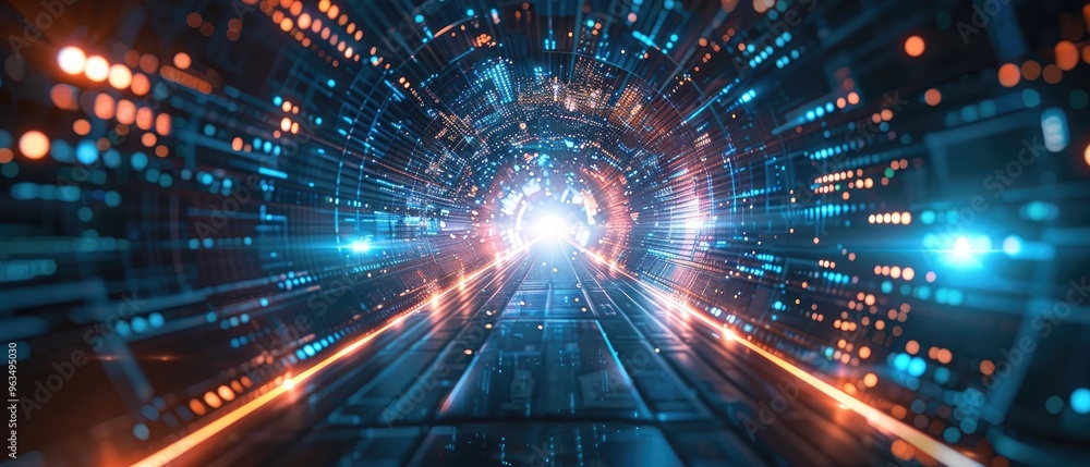 Futuristic digital tunnel with glowing lights and advanced technology, representing speed, innovation, and the cyber world. Futuristic digital tunnel with glowing lights and advanced technology, representing speed, innovation, and the cyber world.