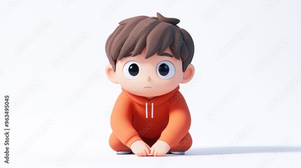 A stylized cartoon boy in an orange hoodie, sitting and looking contemplative. A stylized cartoon boy in an orange hoodie, sitting and looking contemplative.