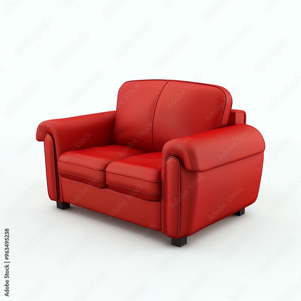 Red leather loveseat with button tufting and square legs on a white background. Red leather loveseat with button tufting and square legs on a white background.