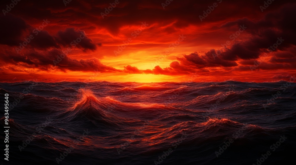 A breathtaking sunset casts an intense red glow over a turbulent sea, with dramatic clouds creating a sense of awe and wonder. The scene evokes feelings of power, intensity, and the beauty of nature's A breathtaking sunset casts an intense red glow over a turbulent sea, with dramatic clouds creating a sense of awe and wonder. The scene evokes feelings of power, intensity, and the beauty of nature's