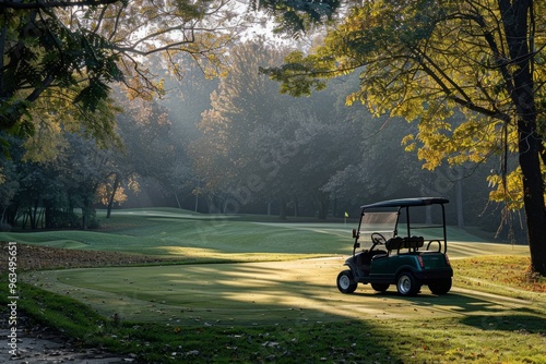 Golf cart on a golf course on a sunny autumn morning