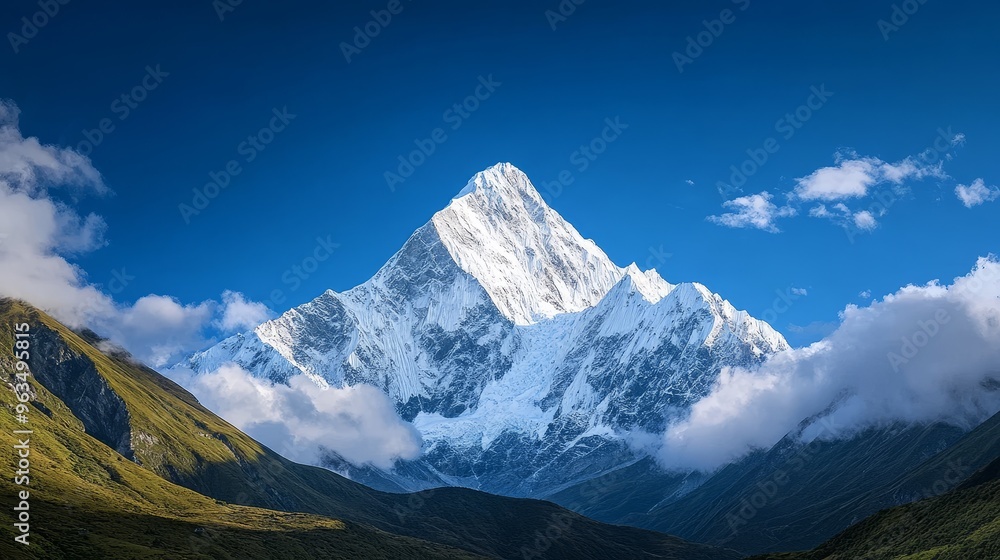 A breathtaking view of a snow-capped mountain peak under a clear blue sky, symbolizing adventure, tranquility, nature's beauty, exploration, and majesty.