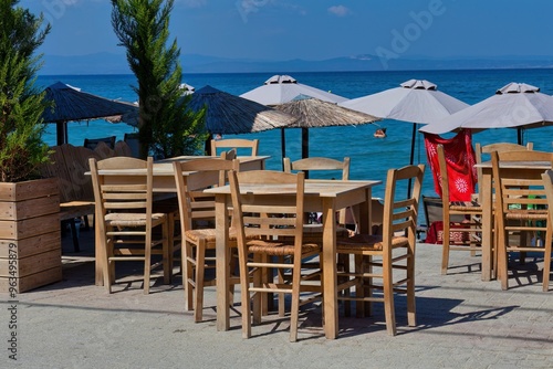 restaurant on the beach in pefkochori, greece photo