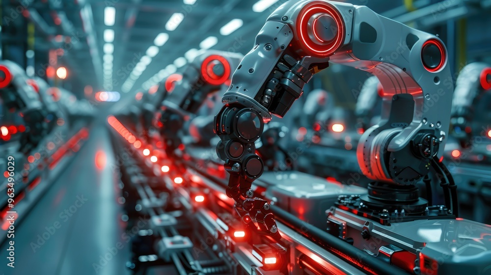 High-tech robotic arms in an advanced manufacturing facility, showcasing automation and precision engineering with glowing red lights. High-tech robotic arms in an advanced manufacturing facility, showcasing automation and precision engineering with glowing red lights.
