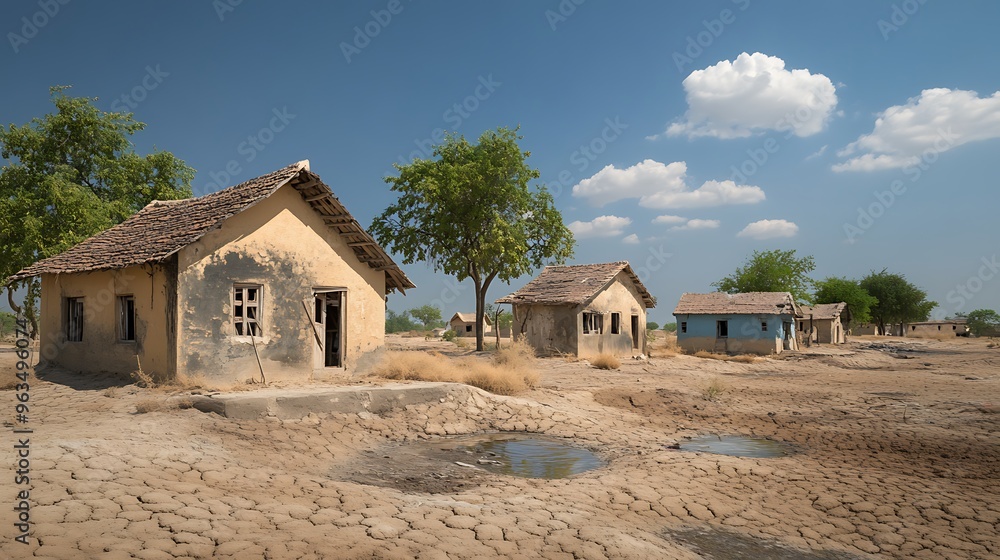 Abandoned homes in a drought-hit village, with residents forced to leave due to lack of water, symbolizing human displacement linked to changing climates. Abandoned homes in a drought-hit village, with residents forced to leave due to lack of water, symbolizing human displacement linked to changing climates.