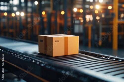 A single cardboard box moves along a conveyor belt in a modern warehouse, illuminated by ambient industrial lighting.