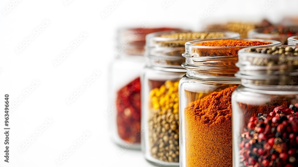 Spices in Glass Jars on White Background Spices in Glass Jars on White Background