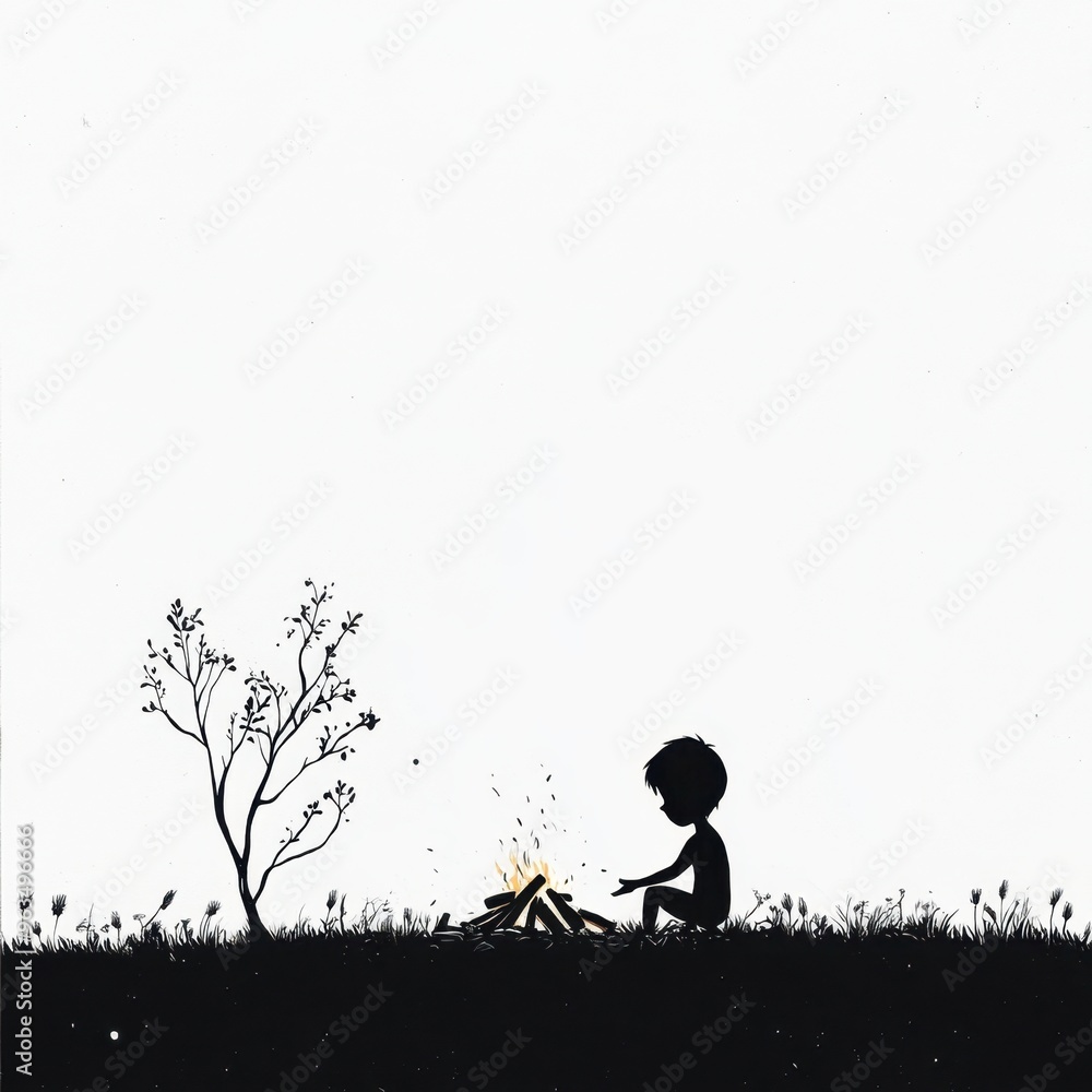 Silhouette of a child by a campfire in a minimalistic nature scene Silhouette of a child by a campfire in a minimalistic nature scene